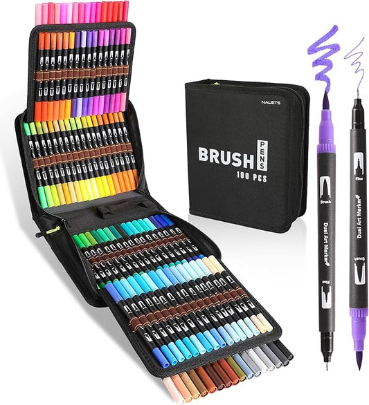 nauets 100 Colors Brush & Fine Dual Tip Watercolor Markers Set for Kids Adults Coloring Books No Bleeding Paint Pens For Drawing Note taking Planner Calligraphy Journaling Card Making Art Supplies-DeskLoop Office