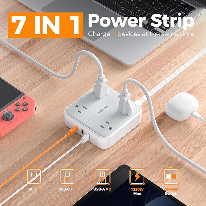 Flat Plug Extension Cord 5 Ft, TESSAN Surge Protector Power Strip Ring Pull with 3 USB (1 USB C) 4 Outlets, 900 Joules Protection, Desktop Charging Station for Home, Office, College, Dorm Room, Gray-DeskLoop Office