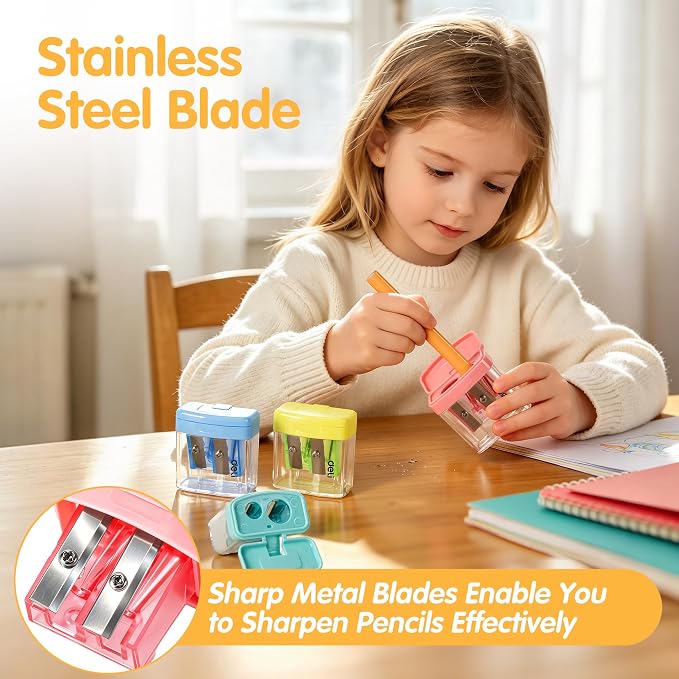 Deli Pencil Sharpener, 100 Pack Pencil Sharpeners Manual, Dual Holes Compact - Image 4
