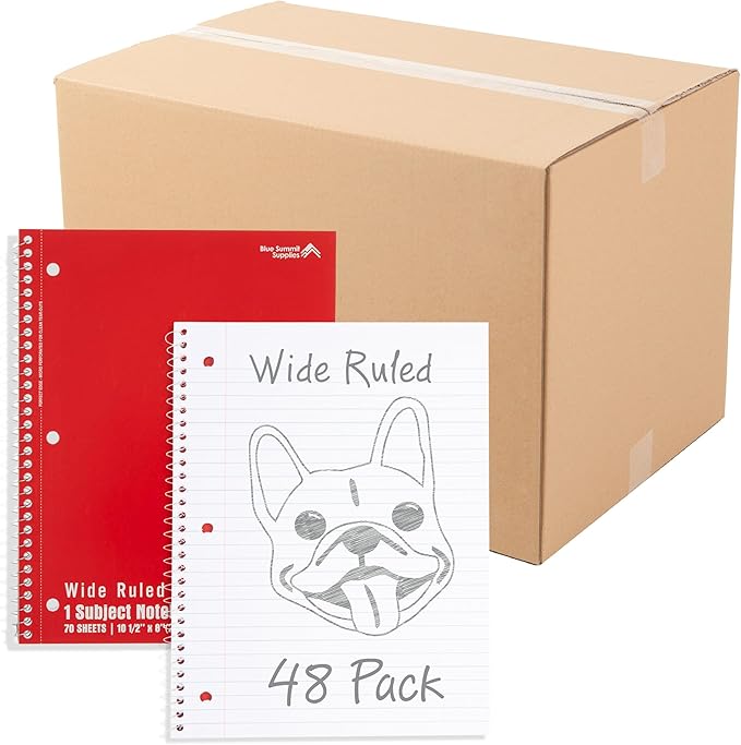Blue Summit Red Wide Ruled Spiral Notebooks Bulk, 1 Subject Spiral Notebook Wide Ruled, Paper School Bulk Notebooks, 48 Pack-DeskLoop Office
