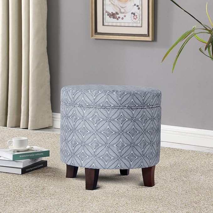 HomePop Upholstered Round Storage Ottoman|Homepop Home Décor|Upholstered Round Foot Rest Ottoman -Blue Indigo Print-DeskLoop Office