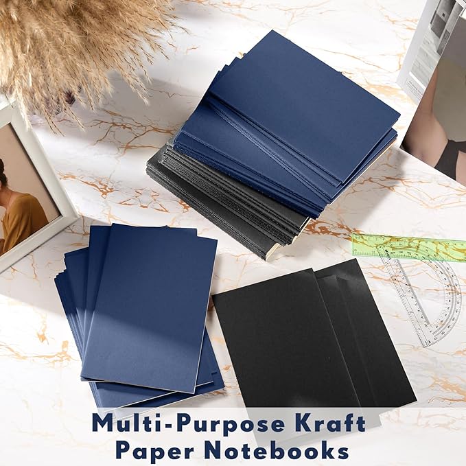 Mimorou 100 Pcs Kraft Notebook Journals 5.5 Inch x 8.3 Inch A5 Softcover Notebooks Bulk for Writing Sketch Office Notepad with 60 Pages 30 Sheets(Black, Navy,Lined)-DeskLoop Office