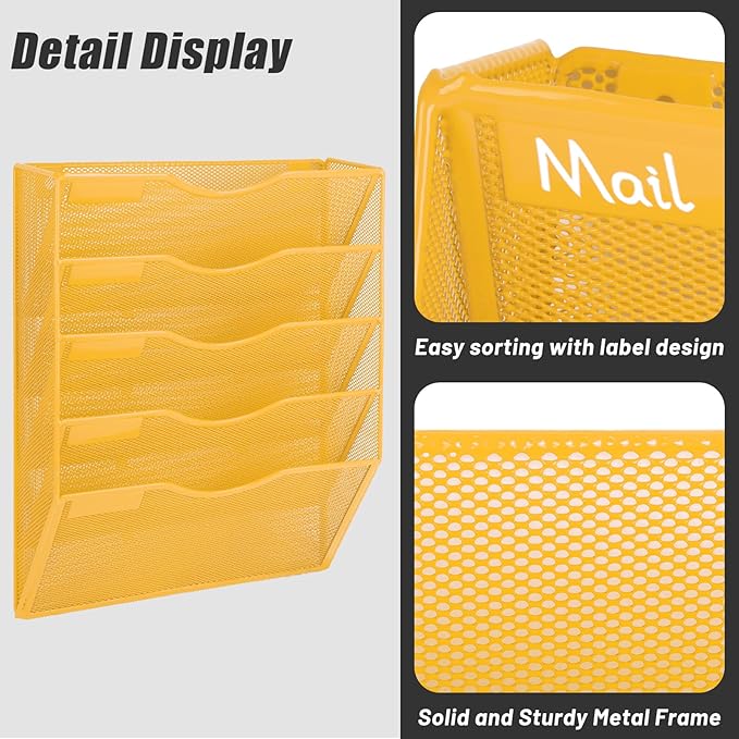 EASEPRES 5 Pocket Mesh Hanging Wall File Organizer, Wall Mounted Mail Paper Document Folder Holder, Clipboard Storage Organization Magazine Rack with Nametag Label for Office Home School, Yellow-DeskLoop Office