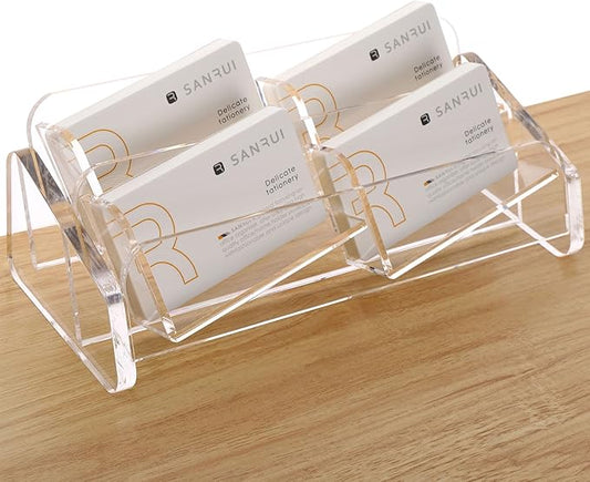 SANRUI Business Card Holder for Desk, Slant Clear Acrylic Desktop Cards Organizer, 2 Tier 4 Slots, Holds 240 Cards-DeskLoop Office