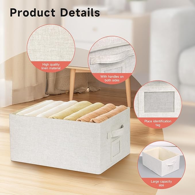 Large 17''x12'' Quart Collapsible Stackable Storage Bins with Lids, 6 Packs Off White Fabric Closet Boxes with Lids, Storage Cube Baskets Container Organizers for Bedroom Office(17''x12.2x''8'')-DeskLoop Office