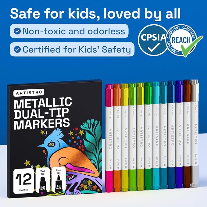 ARTISTRO 12 Metallic Dual-Tip Acrylic Paint Markers – Paint Pens Set - Image 7