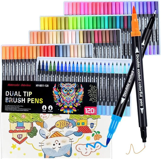 120 Colors Dual Markers Brush Pens, Dual Tip Brush&Fine Tip Markers by Unknown
