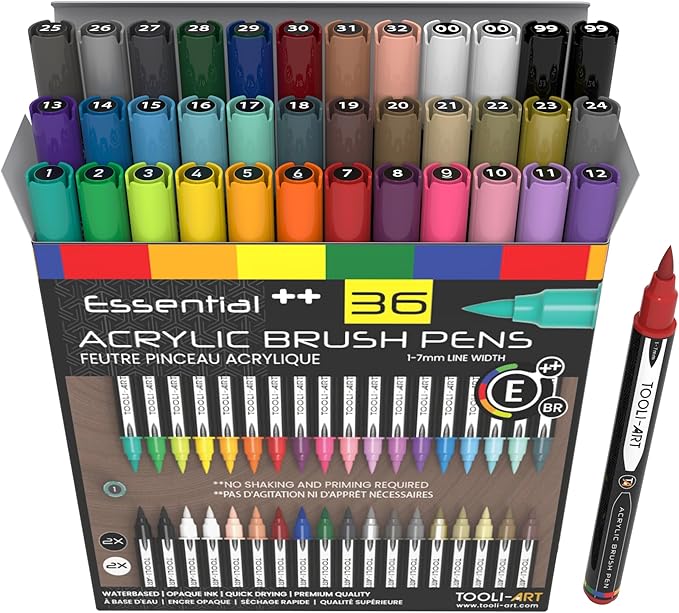 36 Flexible Brush Tip Acrylic Paint Pens Markers Set 1-7mm Line for Rock Painting, Brush Lettering, Scrapbooking, Glass, Mugs, Wood, Metal, Canvas, Fabric, Plastic. Non Toxic Waterbased Quick Drying-DeskLoop Office