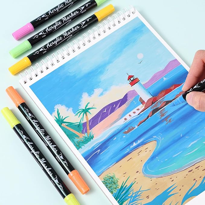 30 Colors Acrylic Paint Markers, Waterproof Dual Tip Acrylic Paint Pens with Brush and Fine Tip, Markers Set for Paper, Rock, Wood, Canvas, Glass, Ceramic and DIY Crafts Making Art Supplies-DeskLoop Office