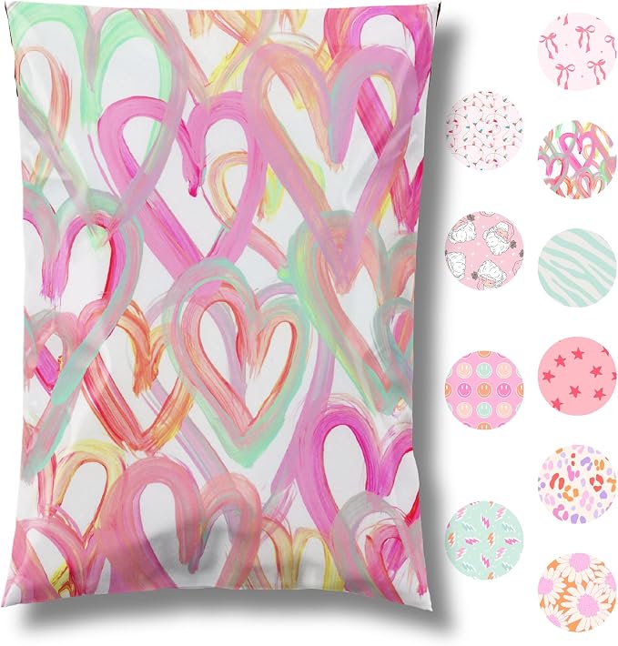 Pretty Package Store Poly Mailer 14.5x19, Happy Hearts, 100 Pack | Heavy Duty by PrettyPackageStore