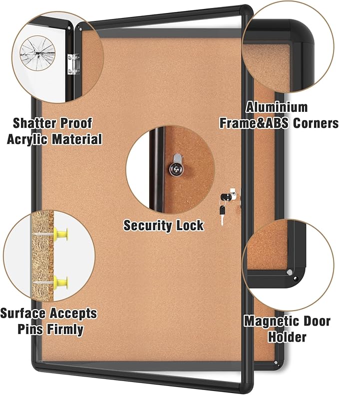 38"x28" Enclosed Bulletin Board, Lockable Weather-Resistant Aluminum Cork Noticeboard for School & Office, Black Frame w/Cork-DeskLoop Office