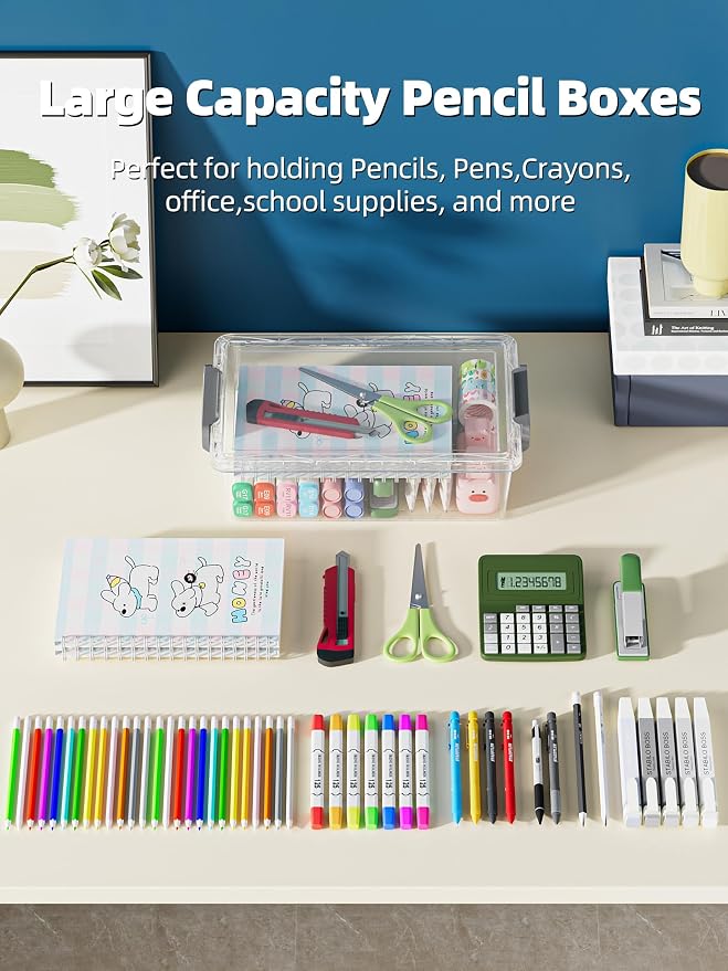 BiuLeon 4 Pack Extra Large Pencil Box, Plastic Pencil Case Organizer, Stackable - Image 6