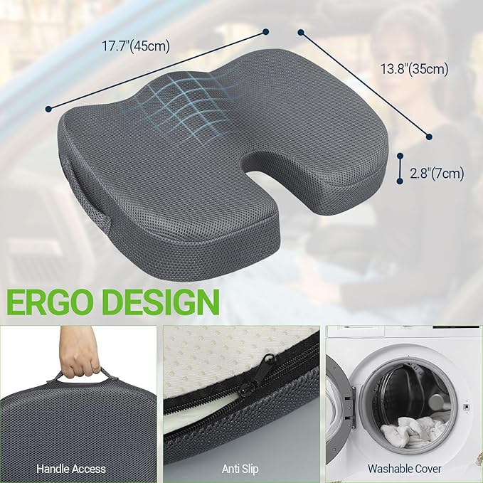 Gel Seat Cushion – Office Chair Cushion – Non-Slip Gel Memory Foam Coccyx Cushion for Tailbone Pain - Desk Chair Car Seat Cushion Driving - Sciatica Back Pain Relief, Mesh, Grey-DeskLoop Office