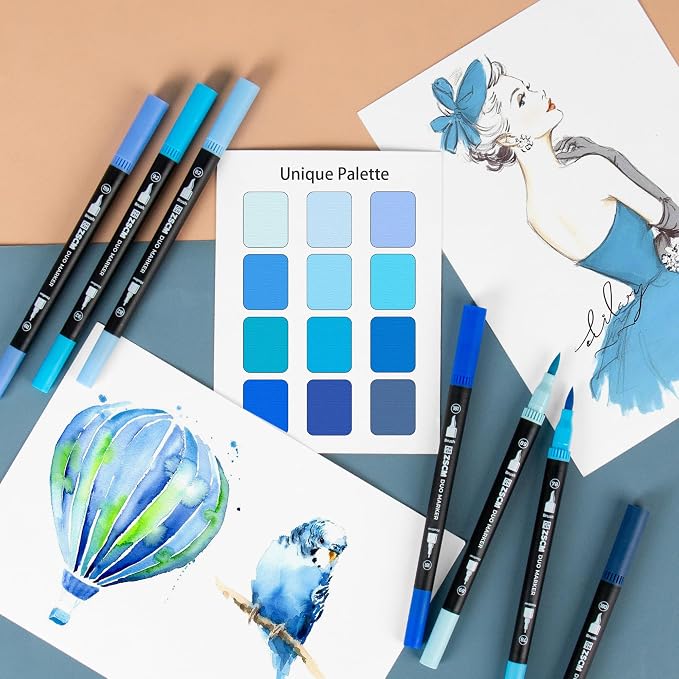 ZSCM Blue Duo Tip Marker Pens, 12 Pack Fine & Brush Markers - Image 5