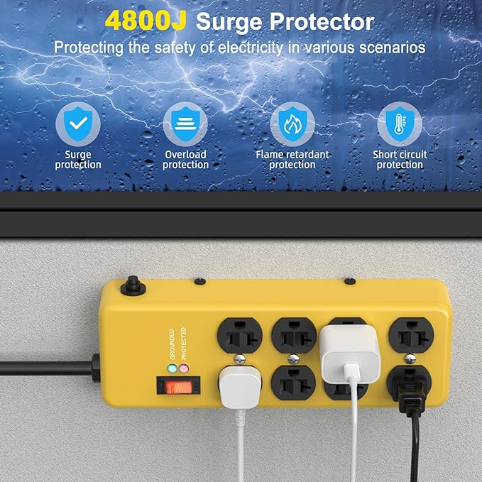 HEZI 20A Power Strip Surge Protector Durable Metal 8-Outlet with Heavy Duty 20 Amp Extension Cord,12 Gauge for Garage,Workshop & Industrial Use with 6-20R T-Slot Outlets,4800J(Yellow,6FT)-DeskLoop Office