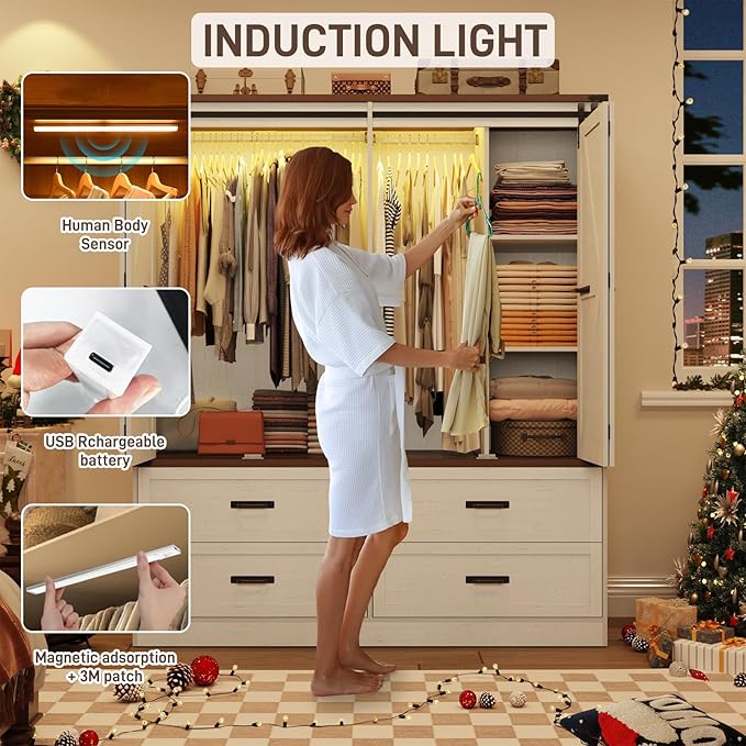 Farmhouse 4 Doors Armoire Wardrobe Closet w/Folding Sliding Barn Door and Lights, LED Armoire Closet w/Drawers for Bedroom, Freestanding Wooden Wardrobe Storage Closets w/Hanging Rod,Antique White-DeskLoop Office