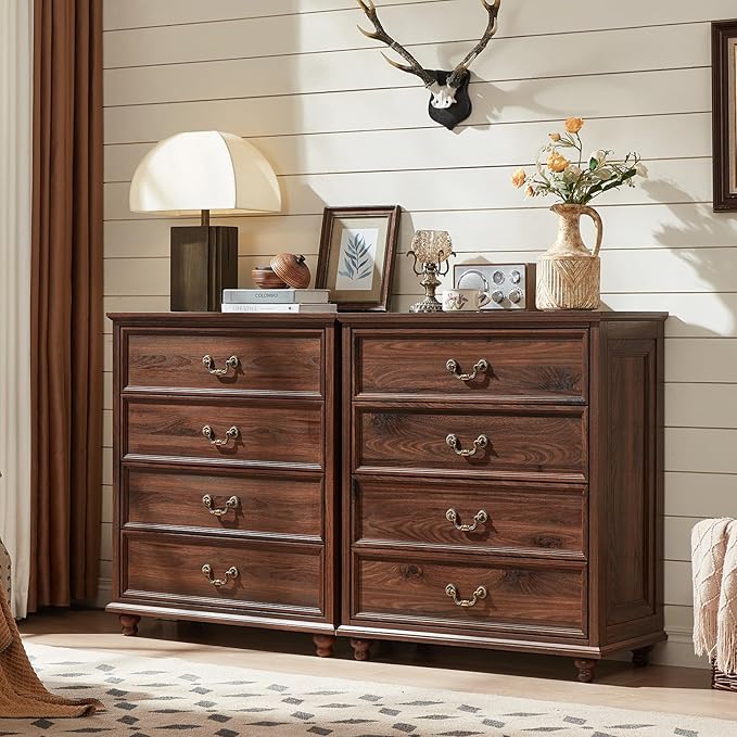Farmhouse 4 Drawer Dresser for Bedroom, 37" Tall Rustic Chests of Drawers w/ 4 Solid Wood Feet, Mid Century Modern Wooden Closet Storage Dressers Organizer for Living Room, Hallway, Brown-DeskLoop Office