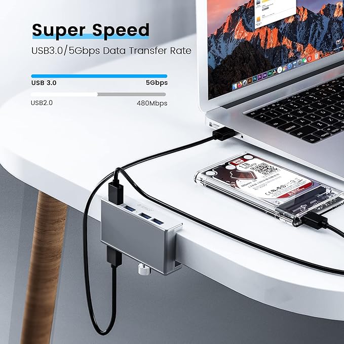 ORICO USB 3.0 Hub, USB Hub Clamp, Aluminum 4-Port USB Splitter with 4.92 FT USB Data Cable, Desktop Powered USB Hub for Monitors/Desks-Silver (Without Power Adapter)-DeskLoop Office
