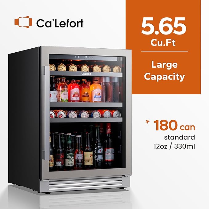Ca'Lefort 24 Inch Beverage Refrigerator, 180 Can 34°F -54°F Beverage Fridges, Drink Fridge with Glass Door 3 LED Beverage Coolers Built in or Freestanding, Perfect for Home/Kitchen(5.65 cu.ft)-DeskLoop Office
