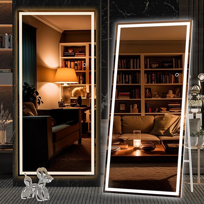 Hasipu Full Length Mirror with Lights, 71" x 32" LED Lighted Floor Standing, Full Body Dressing Hanging Mounted Mirror, Dimmable, Tempered Glass, Safe to Use, Square White-DeskLoop Office
