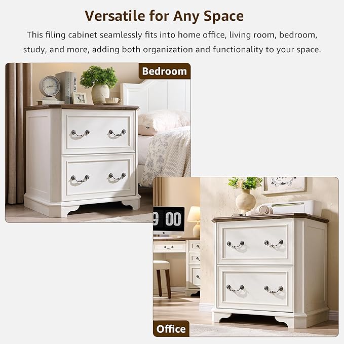 T4TREAM 2 Drawer File Cabinet-30 Wide Wooden Extended Desktop, Farmhouse Filing Cabinet with Smooth Rails, Holds Letter/Legal/A4, Hexagonal Design & Framed Drawer Fronts, Antique White-DeskLoop Office