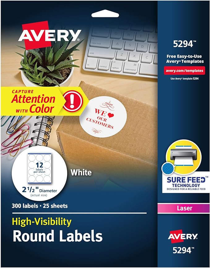 Avery Round Printable Labels, 2.5" Diameter, Matte White, Sure Feed Technology by Avery