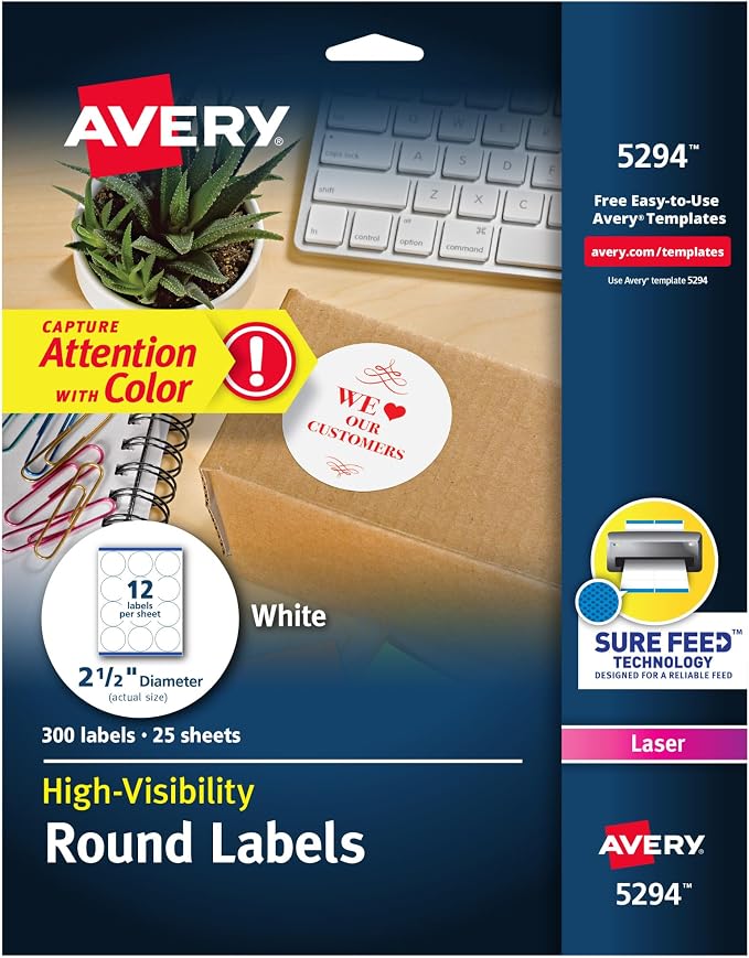 Avery Round Printable Labels, 2.5" Diameter, Matte White, Sure Feed Technology by Avery