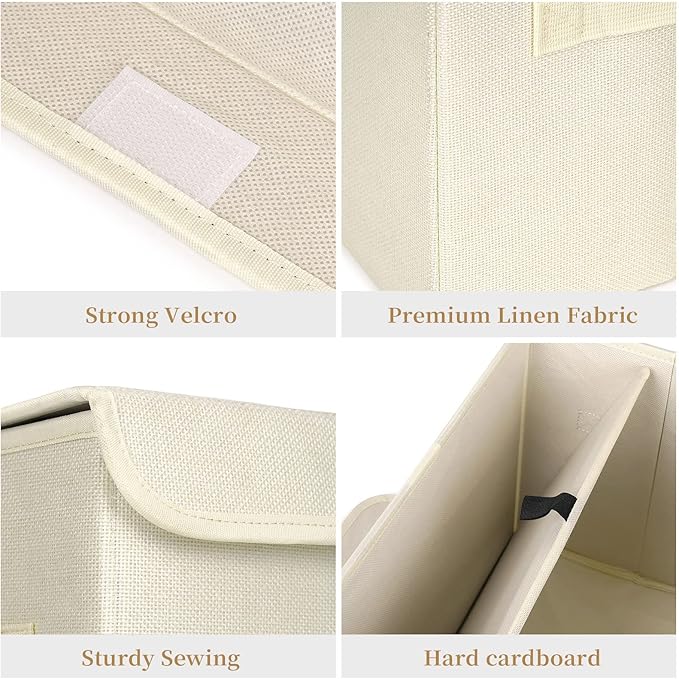 Large 22 Quart [4-Pack] Linen Fabric Foldable Storage Bin Cube Organizer Basket with Flip-Top Lid & Handles, Clothes Blanket Box for Home, Office, Closet (14.6 x 9.5 x 9.5, Beige)-DeskLoop Office