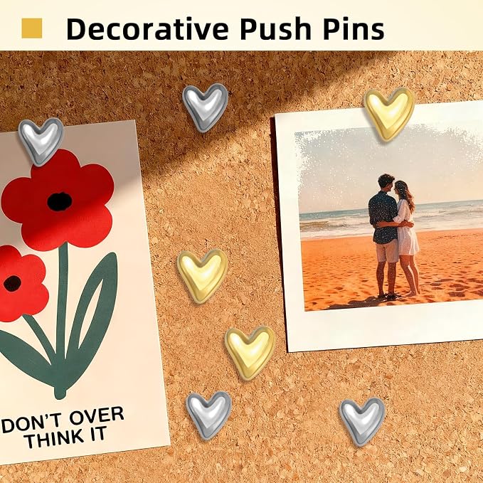60Pcs Cute Decorative Push Pins Gold Silver Heart Thumb Tacks Pins - Image 3