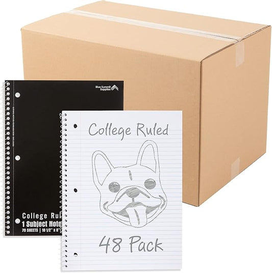 Blue Summit Black Spiral Notebooks Bulk, One Subject Spiral Notebook College Ruled, Perforated Notebook, 8 x 10.5 for Work and School, Paper, College Ruled, Bulk 48 Pack-DeskLoop Office