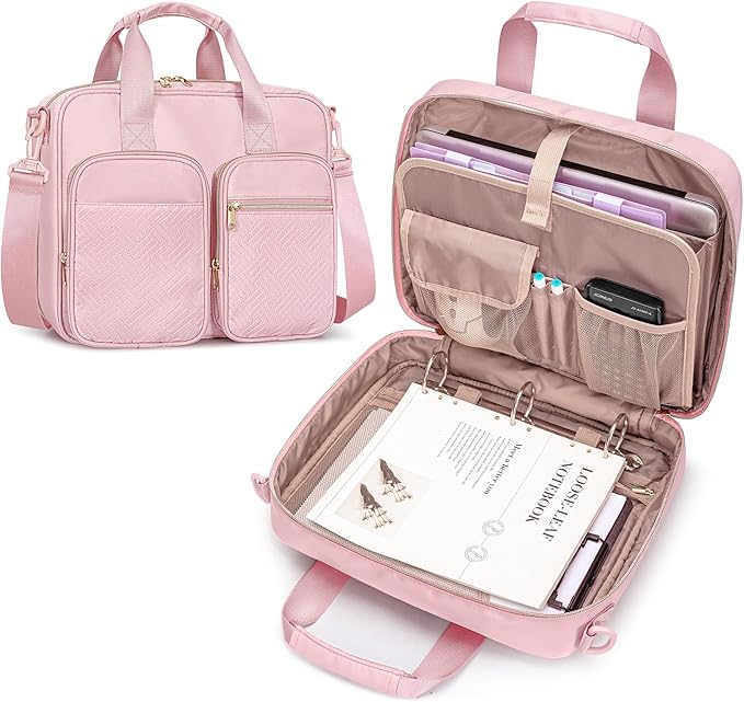 3 Ring Zipper Binder, 2 Inch Ring Binder Organizer Bag with Shoulder Strap Fits 13 Inch Laptop and 500 Sheets, Pink (Empty Bag Only)-DeskLoop Office