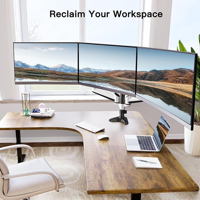 HUANUO Triple Monitor Stand - Full Motion Articulating Gas Spring Monitor Mount Fit Three 17 to 32 inch LCD Computer Screens with Clamp, Grommet Kit-DeskLoop Office