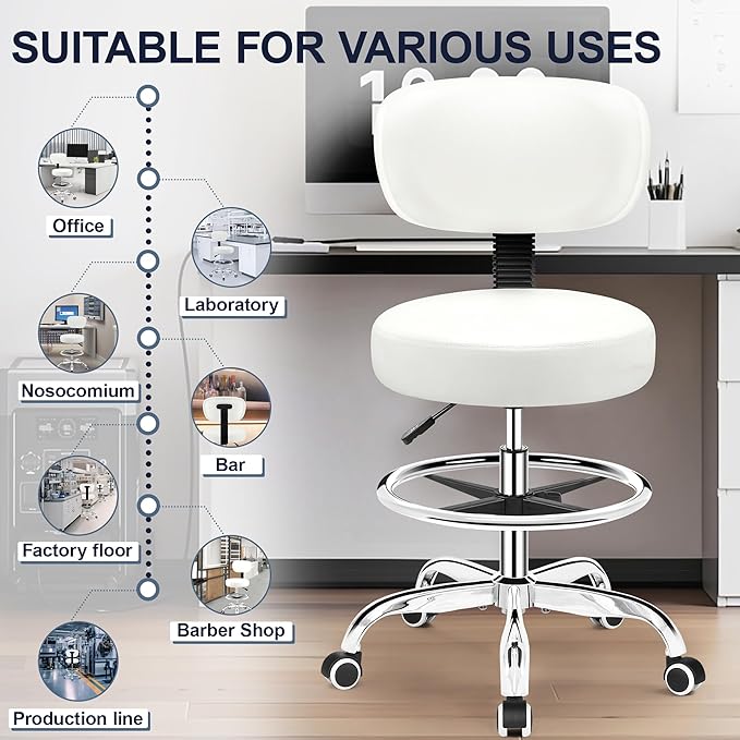 Drafting Chair with Backrest – Adjustable Foot Rest Rolling Stool with Wheels, PU Leather Swivel Stool for Office Spa Studio Lab Counter Salon Home Work Bar Kitchen Shop(White)-DeskLoop Office