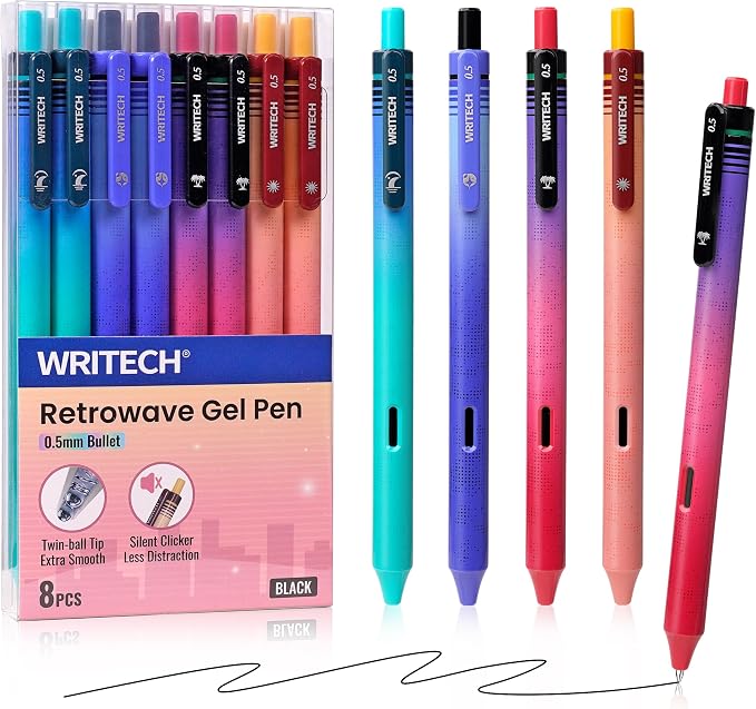 WRITECH Black Ink Gel Pens: 8-Pack Retrowave 0.5mm Fine Point Pens by WRITECH