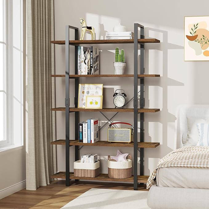 FRAPOW 5 Tier Bookshelf, 70 inch Tall Solid Bookcase Industrial Wooden Bookshelves Large Wall Etagere Rustic Vintage Book Shelf with Metal Frame Open Storage Rack for Living Room Home Office-DeskLoop Office