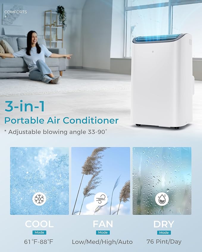 EUHOMY 12,000 BTU Portable Air Conditioners, 4-in-1 Portable Air Conditioner Up to 550 Sq.Ft, Portable AC Unit with Cool, Sleep, Dehumidifier, Fan Mode, Timer, Low Noise, Installation Kit, Apartment-DeskLoop Office