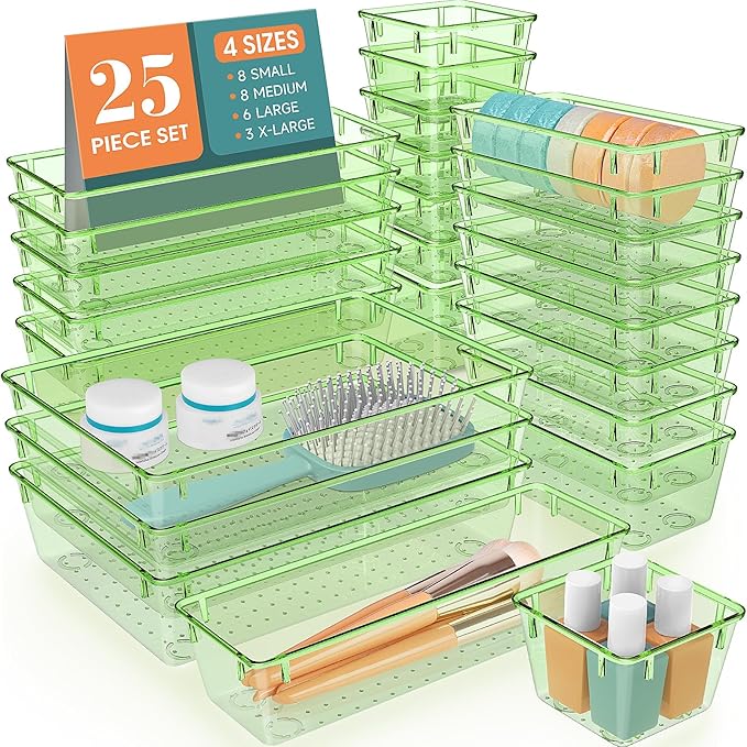 WOWBOX 25 PCS Plastic Drawer Organizer Set, 4 Sizes Desk Drawer Divider Organizers and Storage Bins for Makeup, Jewelry, Gadgets for Kitchen, Bedroom, Bathroom, Office, Clear Green-DeskLoop Office