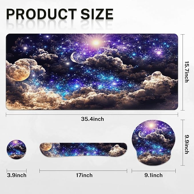 Britimes Moon Space Night Keyboard Mouse Pad Set Blue Cute Cloud 4in1 Large - Image 2