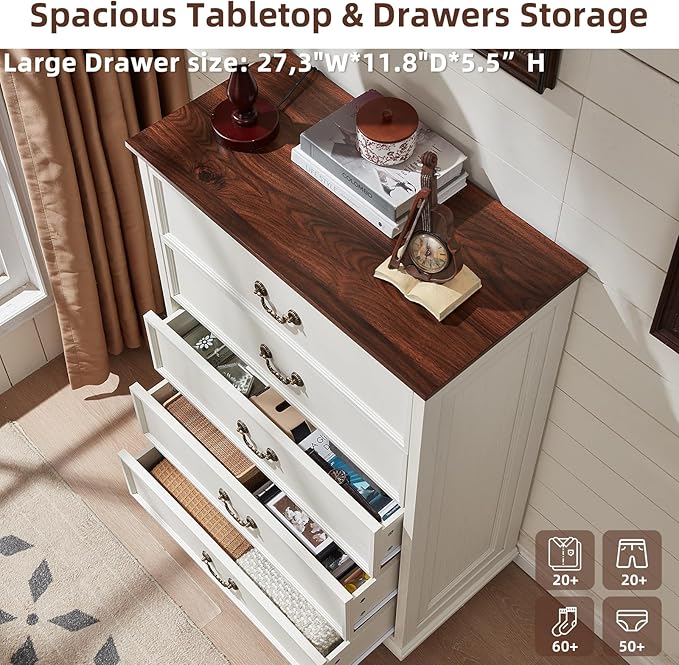 Farmhouse 5 Drawer Dresser Set of 2 for Bedroom, 45" Tall Rustic Chests of Drawers w/ 4 Solid Wood Feet, Mid Century Vintage Wooden Closet Storage Dressers Organizer for Living Room, White-DeskLoop Office