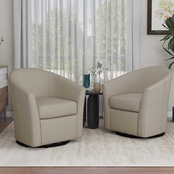 UIXE 360° Swivel Barrel Accent Chairs Set of 2, Modern Round Arm Chair Upholstered Club Armchair, Single Sofa Seating in Fabric for Living Room, Bedroom (Flax Brown)-DeskLoop Office