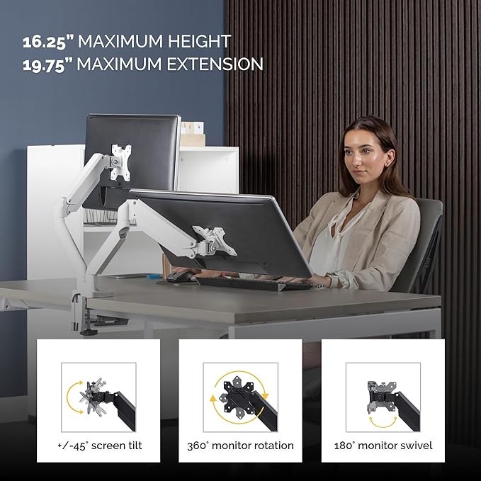Fellowes Platinum Series Dual Monitor Arm for 40-Inch Monitors, Full Motion, 360° Rotation, VESA Mount with Grommet or Clamp, USB Ports, Ergonomic, White, 8056301-DeskLoop Office
