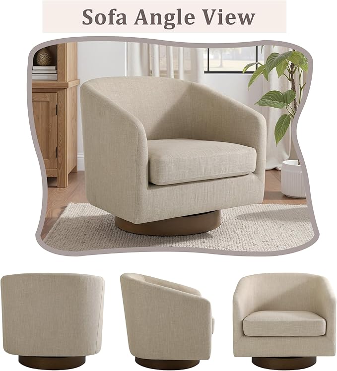 UIXE Swivel Accent Chair with Wood Base, Fabric Upholstered Barrel Chairs for Living Room, Comfy Round Armchair Single Sofa Bedroom Reading Seat - 31" W, Light Brown-DeskLoop Office