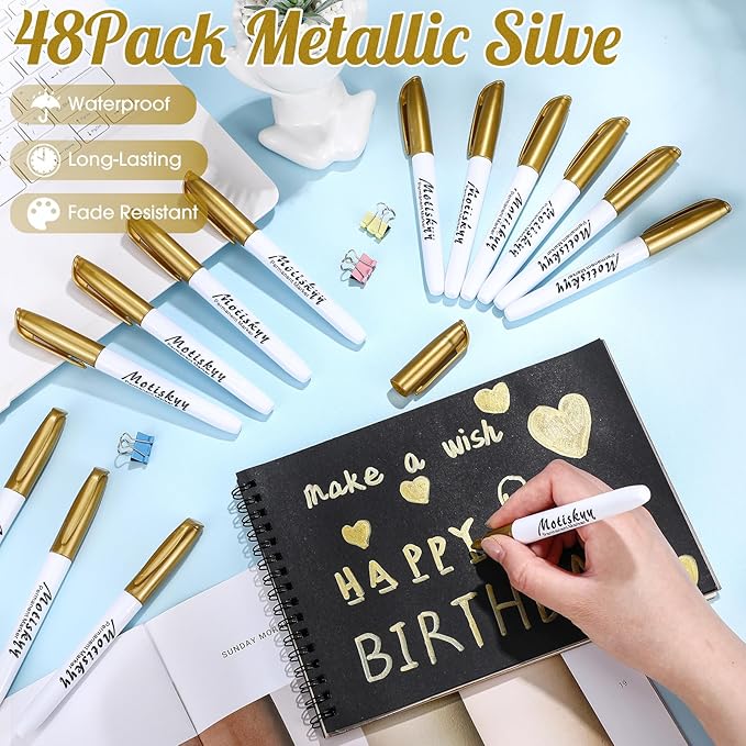 180 Pcs Metallic Permanent Markers Bulk Fine Point Metallic Markers Pens for Fabric, Black Paper, Cards, Scrapbook, Wood, Plastic, Canvas, Mugs, DIY Art Crafts, Etc(Gold)-DeskLoop Office