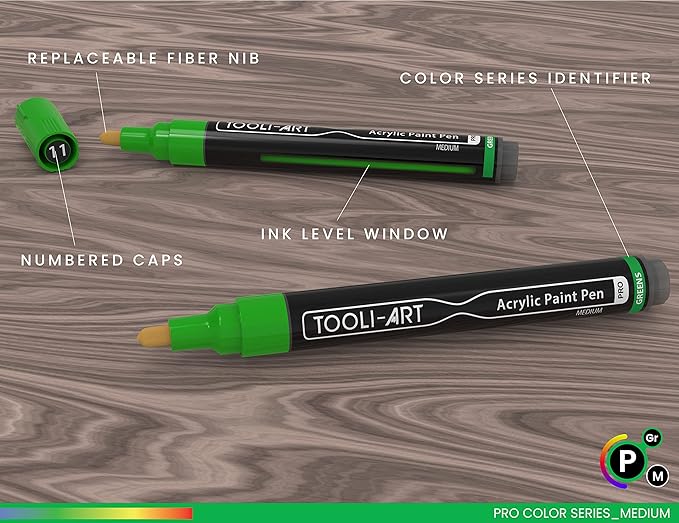 TOOLI-ART 22 Acrylic Paint Markers Paint Pens Pro Color Series Set 3mm Medium Tip for Rock Painting, Glass, Mugs, Wood, Metal, Glass Paint, Canvas, DIY. Non Toxic, Waterbased, Quick Drying (GREENS)