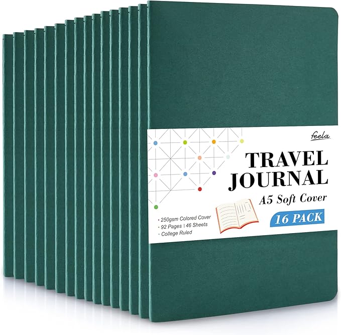 16 Pack Soft Cover Journal Bulk, Feela Lined Notebooks College Ruled for Work for Women Girl Writing, Blank Travel Journal Note Taking Notebook School Business Supplies, 8.2” x 5.5”, A5, Dark Green-DeskLoop Office