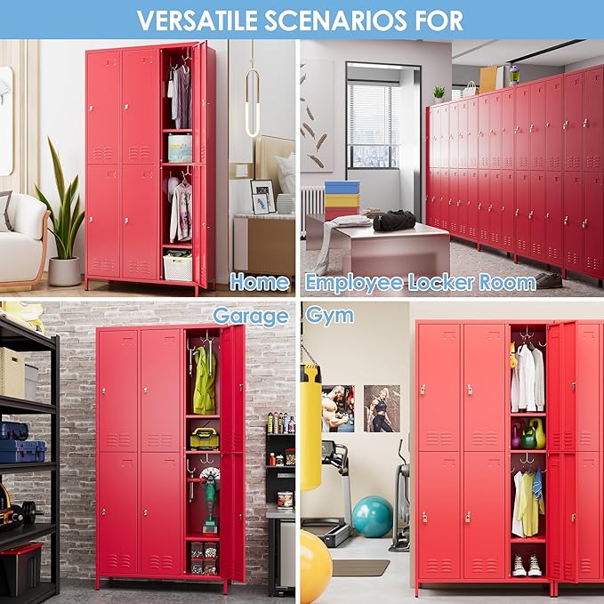 6 Doors Metal Locker with Business Card Holder and 18 Hooks,Metal Locker for Employees with Ventilation Holes for School Garage Office Gym Home,Assembly Required,Red-DeskLoop Office