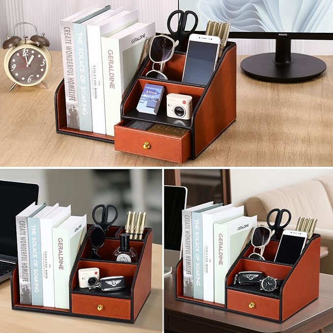 KINGFOM PU Leather Desk Organizer, Multifunction 6 Compartment Desk Organizers and Accessories for Office Supplies, Pen Pencil Holder/Book Mail Organizer Holder for Desk with Drawer (Brown)-DeskLoop Office