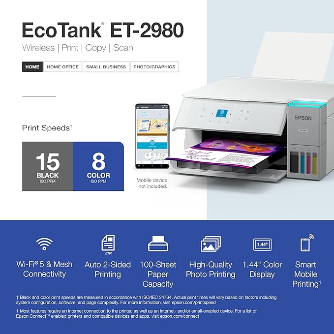 Epson EcoTank ET-2980 Wireless All-in-One Color Supertank Printer with up to 3 Years of Ink, Refillable Tanks, Perfect for Home, 15 PPM, 1.44" Color Screen, Auto 2-Sided Printing - White-DeskLoop Office