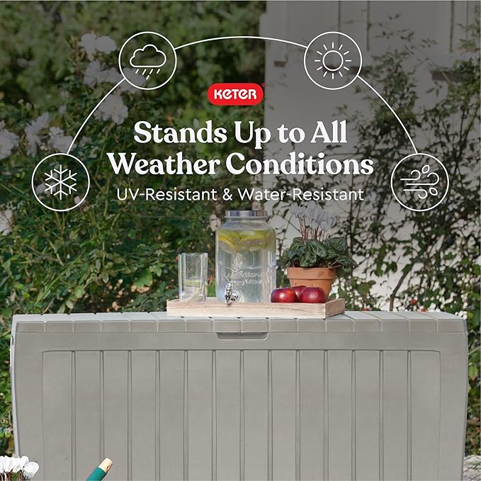 Keter Marvel Plus 71 Gallon Resin Deck Box-Organization and Storage for Patio Furniture Outdoor Cushions, Throw Pillows, Garden Tools and Pool Floats, Beige-DeskLoop Office