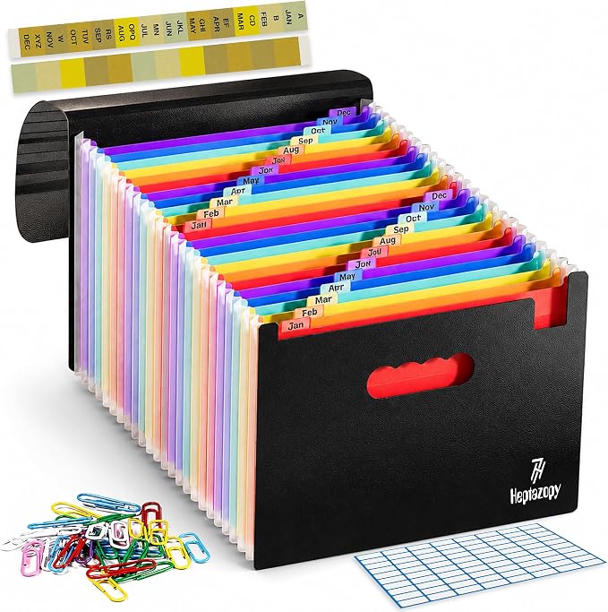 26 Pockets Plastic Accordion File Organizer, Expanding File Folder Organizer by Heptazopy
